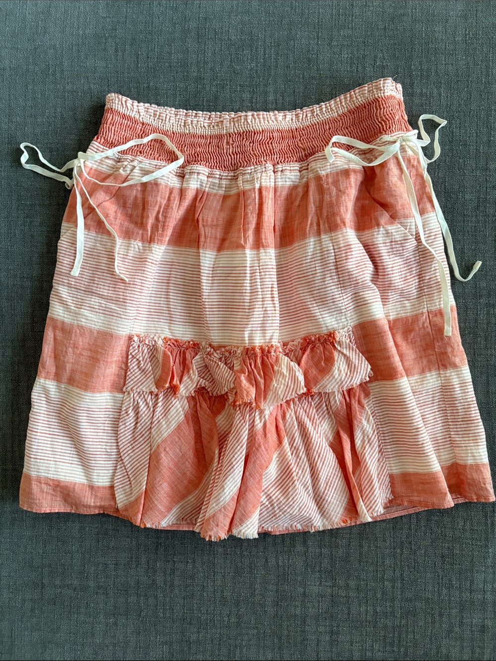 Smocked Waist Ruffle Cotton Boho Skirt Banana Republic Orange /Ivory Striped - 2